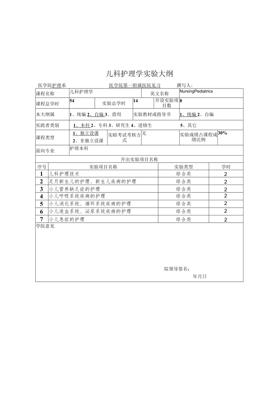 石大儿科护理学实验大纲.docx_第1页