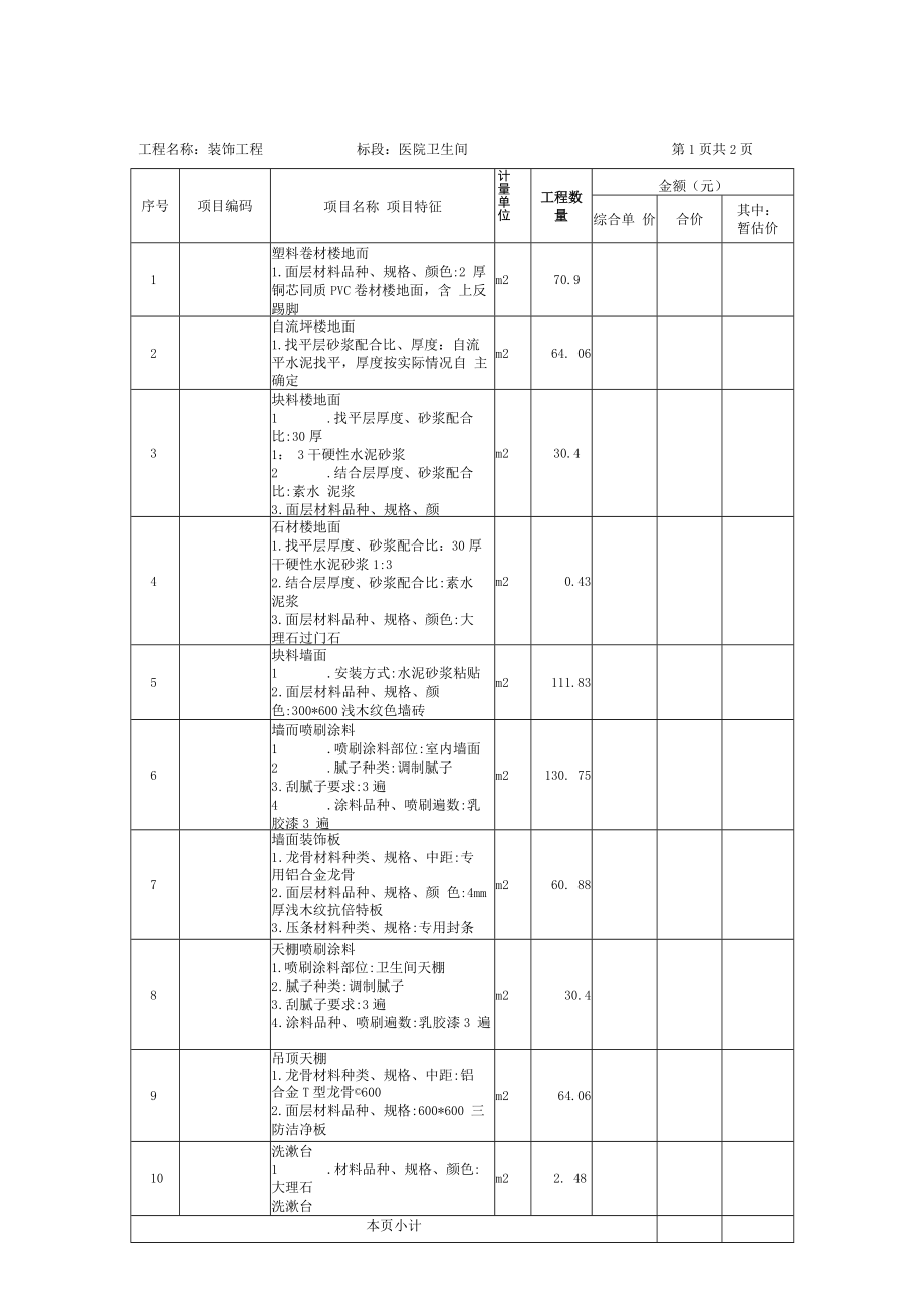 装饰工程分部分项工程量清单与计价表（医院卫生间、民用安装工程).docx_第1页