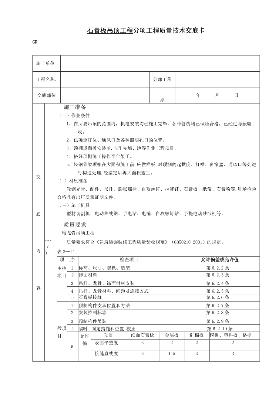 石膏板吊顶工程技术交底模板.docx_第1页