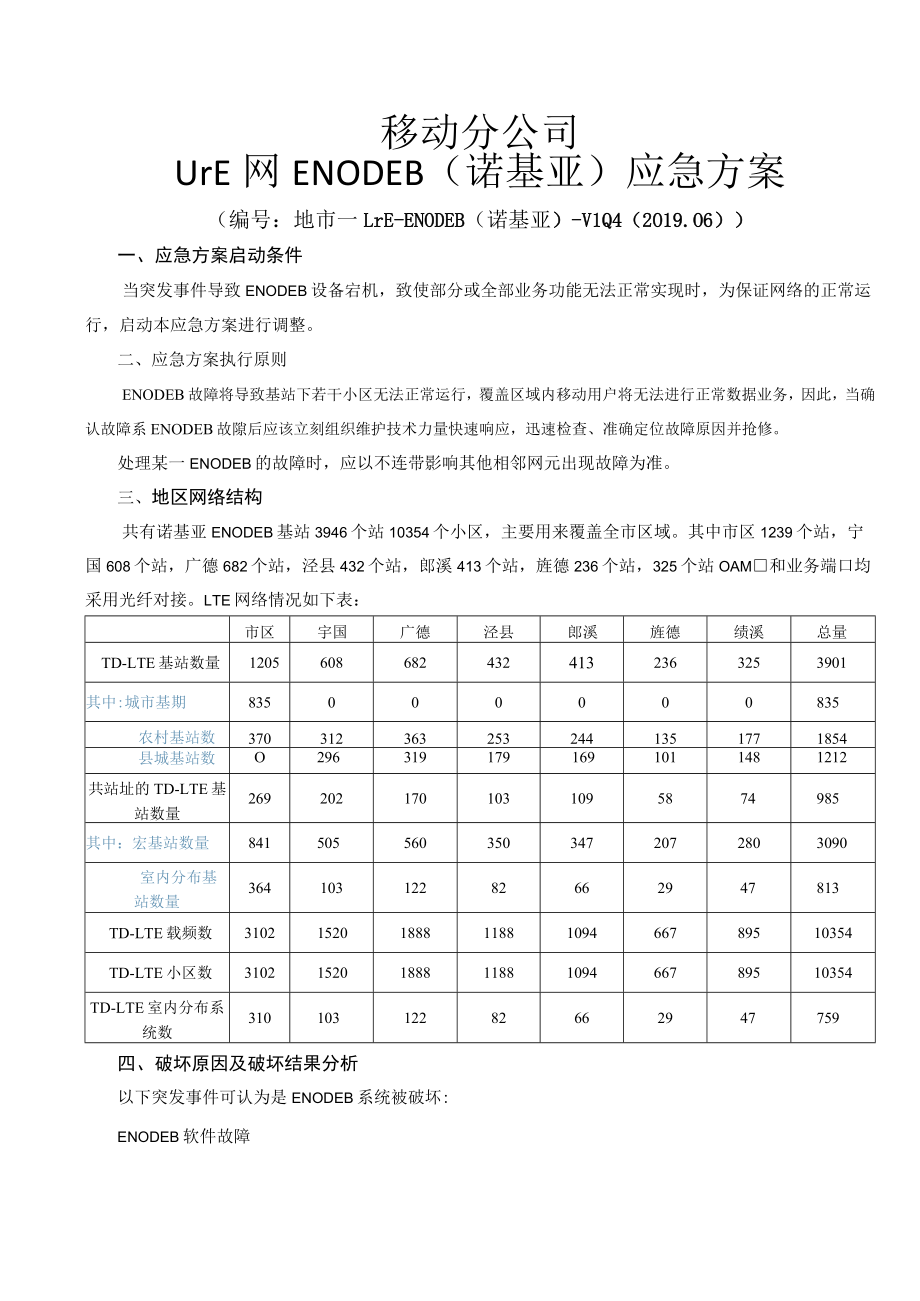 移动分公司lte网enodeb(诺基亚)应急预案.docx_第1页