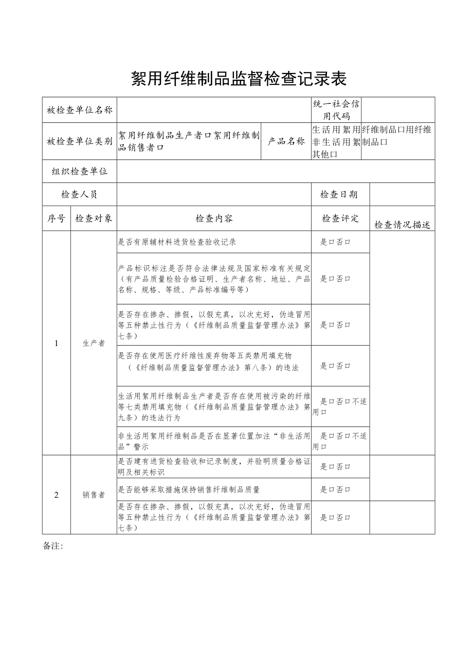 絮用纤维制品监督检查记录表.docx_第1页