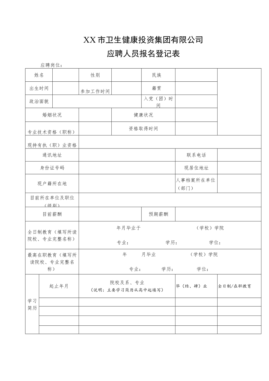 XX市卫生健康投资集团有限公司应聘人员报名登记表.docx_第1页