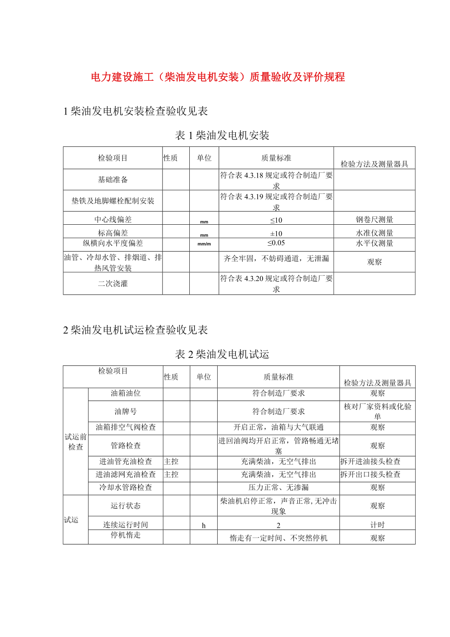 电力建设施工（柴油发电机安装）质量验收及评价规程.docx_第1页