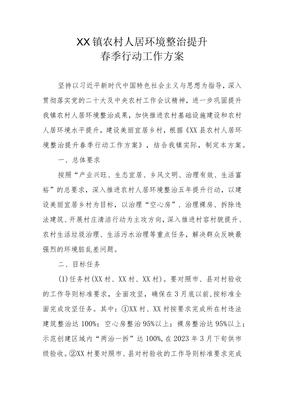 XX镇农村人居环境整治提升春季行动工作方案.docx_第1页