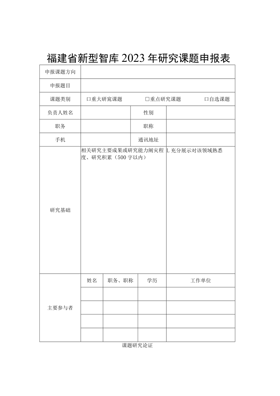 福建省新型智库2023年研究课题申报表.docx_第1页