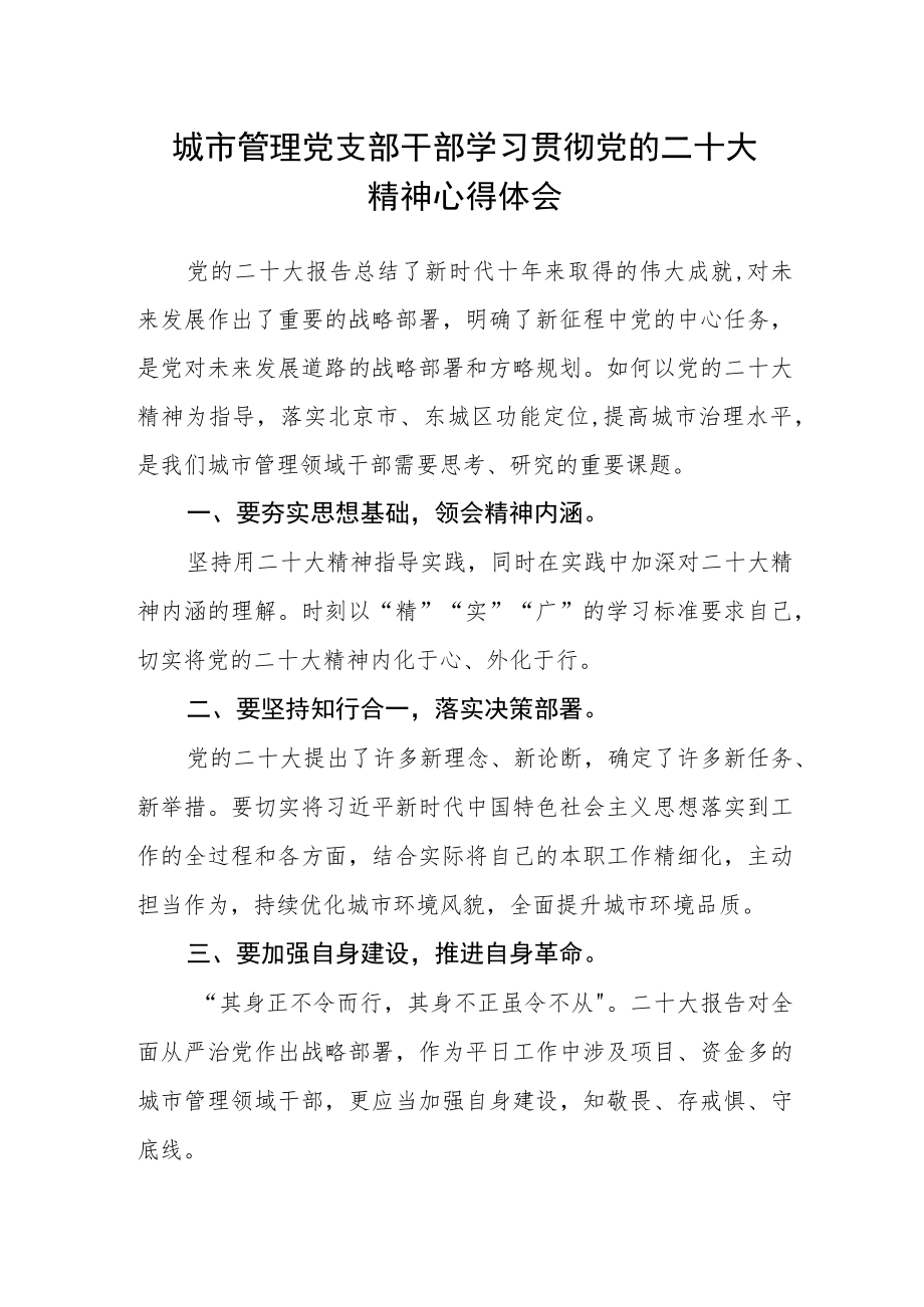 城市管理党支部干部学习贯彻党的二十大精神心得体会.docx_第1页