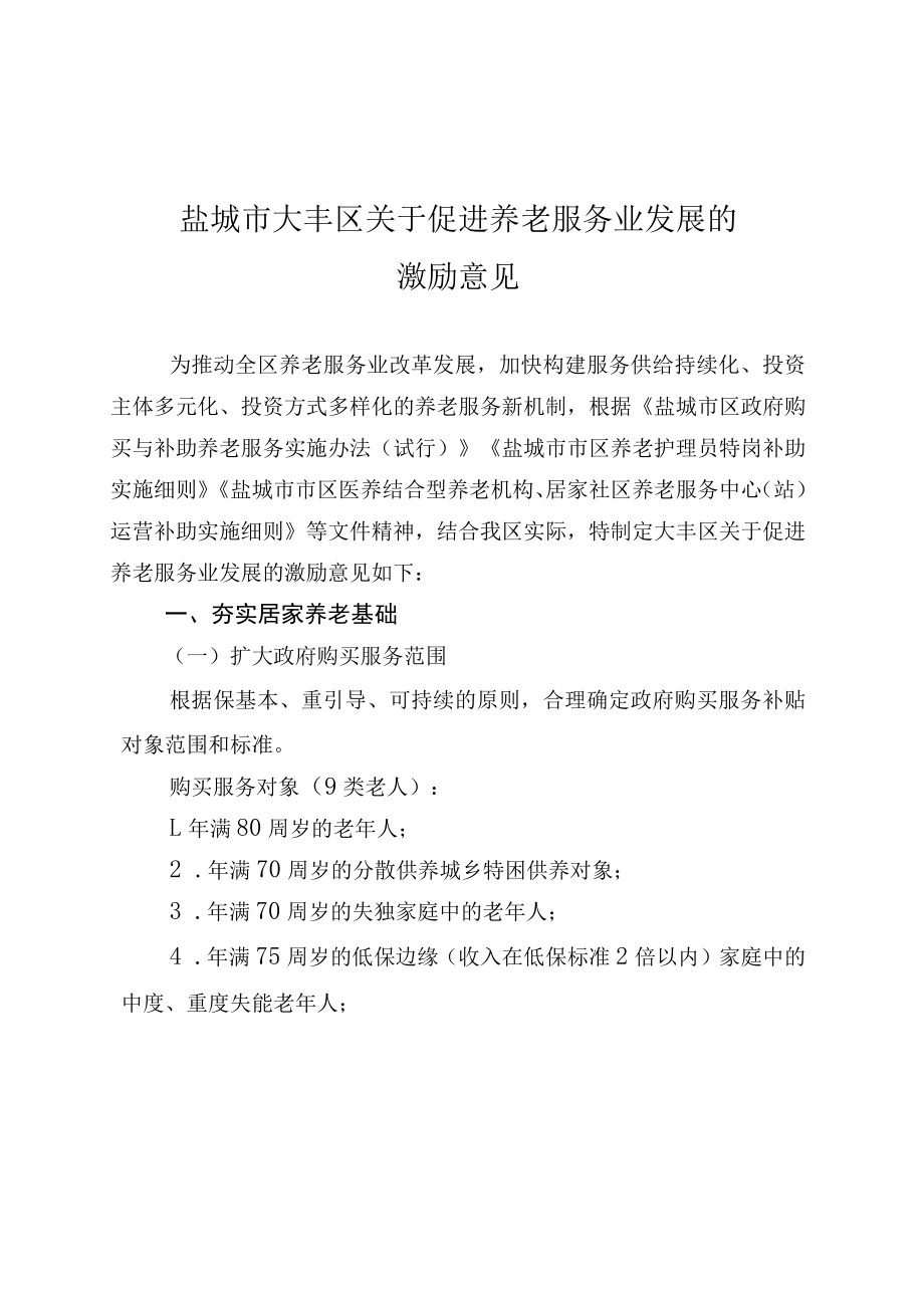 盐城市大丰区关于促进养老服务业发展的激励意见.docx_第1页