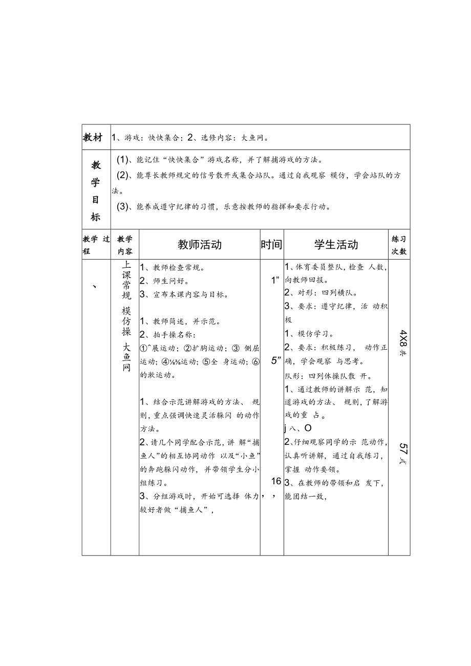 五年级体育与健康表格式教案.docx_第1页