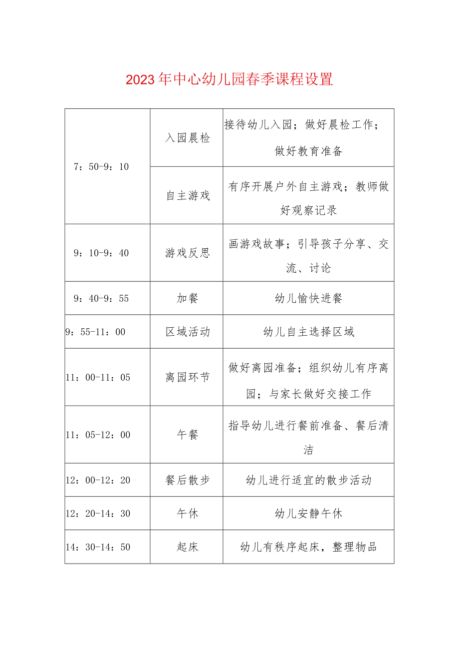 2023年中心幼儿园春季课程设置（一日流程）.docx_第1页