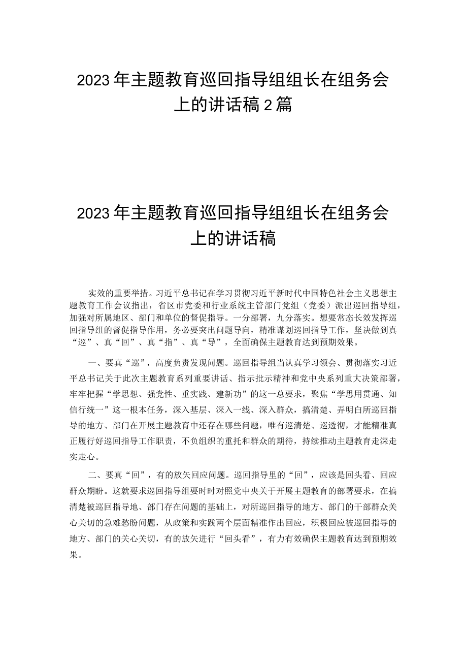 2023年主题教育巡回指导组组长在组务会上的讲话稿2篇.docx_第1页