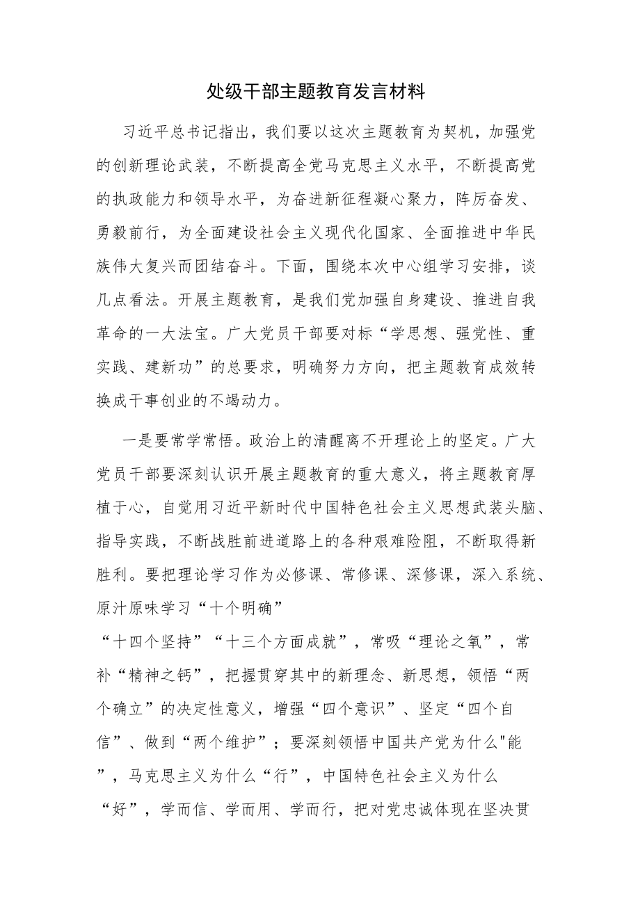 2023年处级党员领导干部学习党内主题教育发言材料范文3篇.docx_第1页