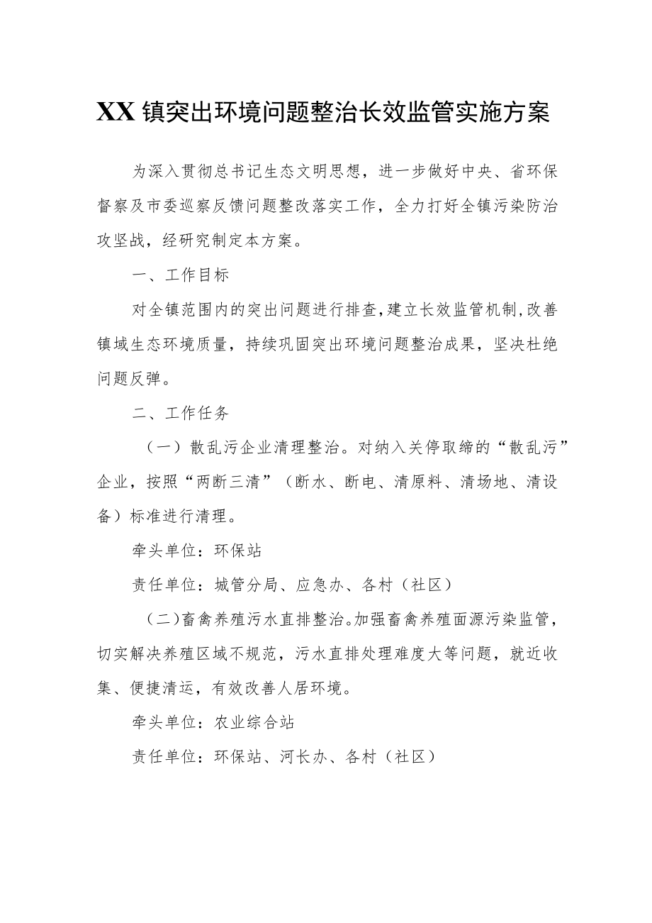 XX镇突出环境问题整治长效监管实施方案.docx_第1页