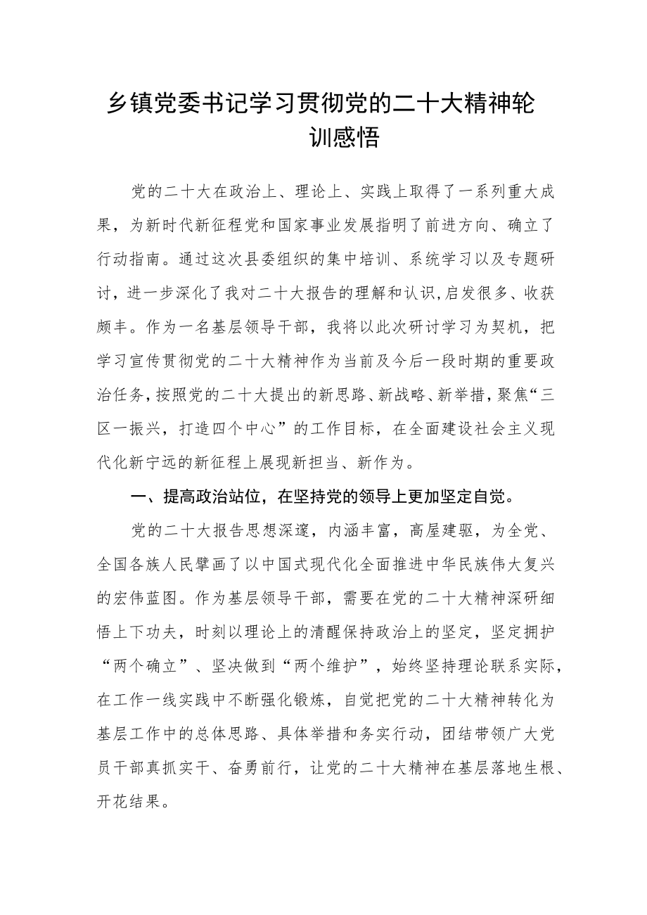 乡镇党委书记学习贯彻党的二十大精神轮训感悟.docx_第1页