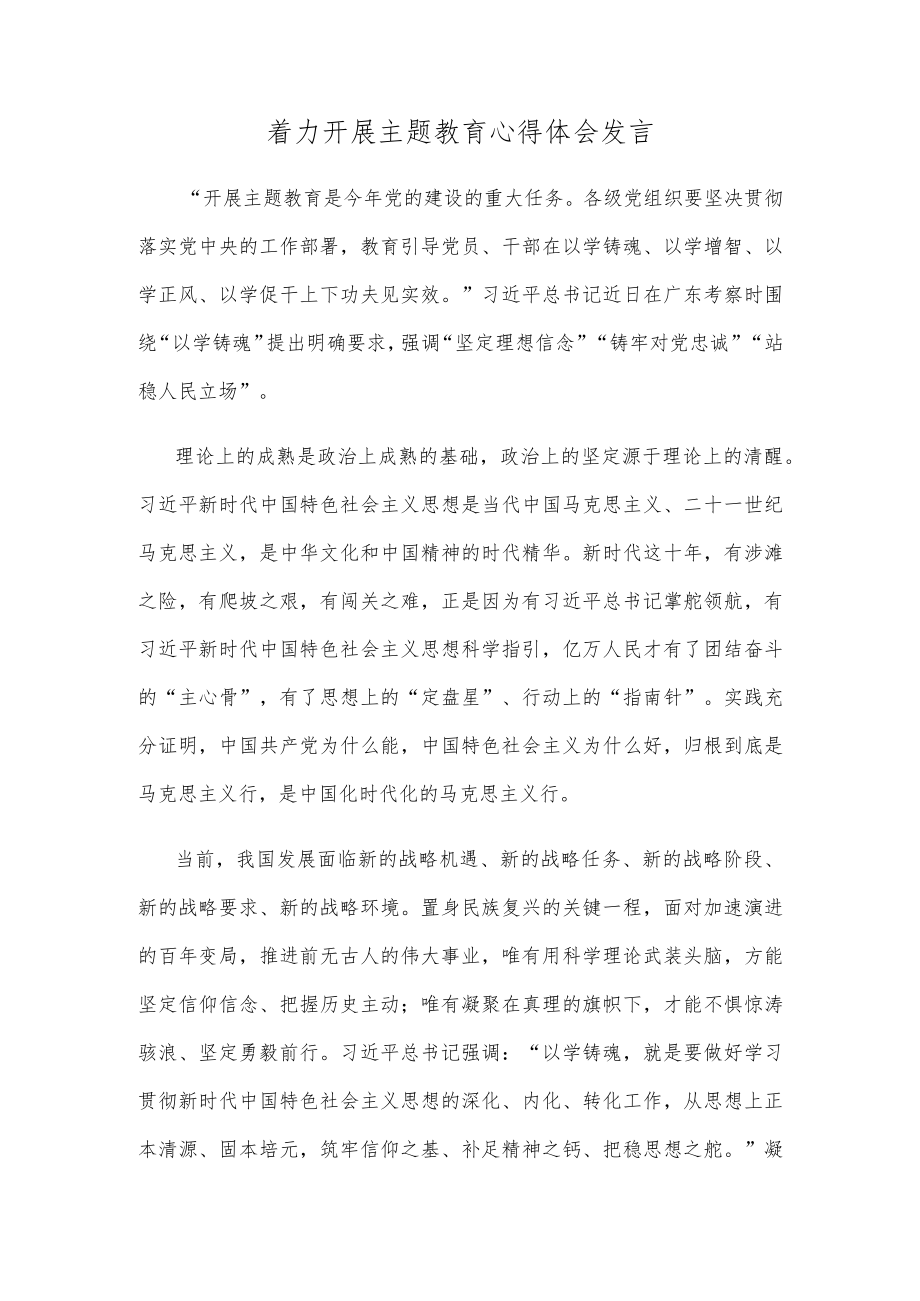 着力开展主题教育心得体会发言.docx_第1页