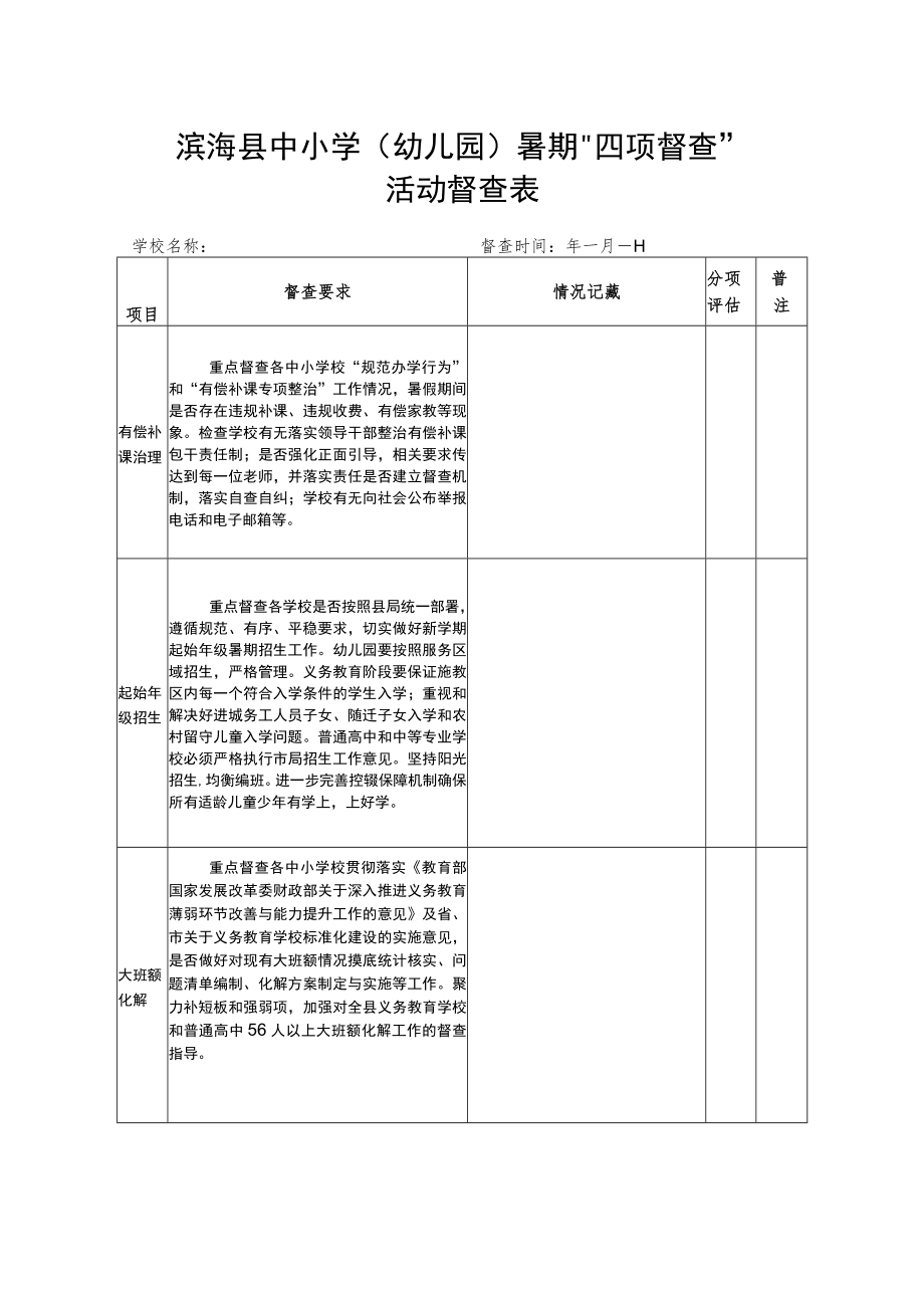 滨海县中小学幼儿园暑期“四项督查”活动督查表.docx_第1页