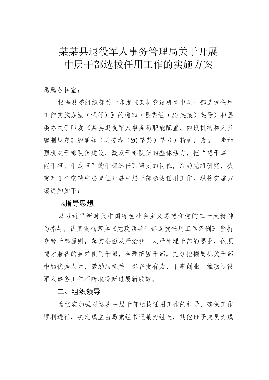 某某县退役军人事务管理局关于开展中层干部选拔任用工作的实施方案.docx_第1页