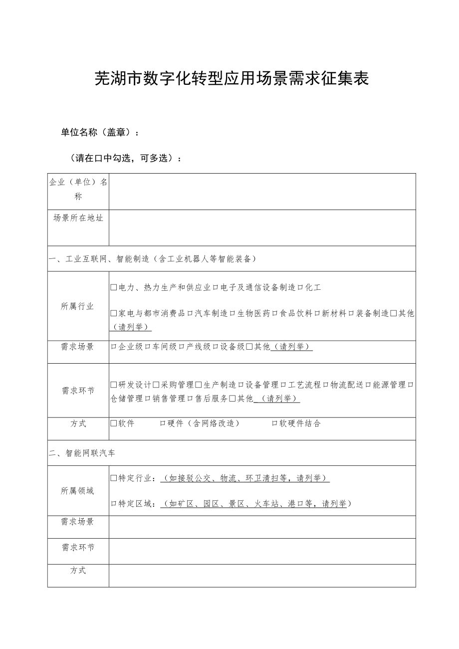 芜湖市数字化转型应用场景需求征集表.docx_第1页