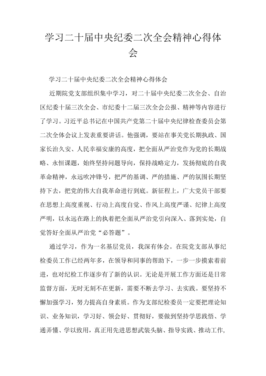 学习二十届中央纪委二次全会精神心得体会.docx_第1页