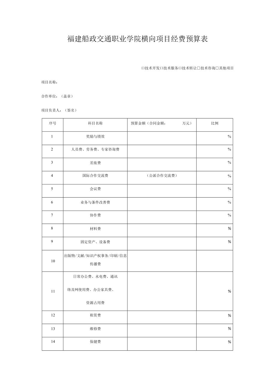 福建船政交通职业学院横向项目经费预算表.docx_第1页