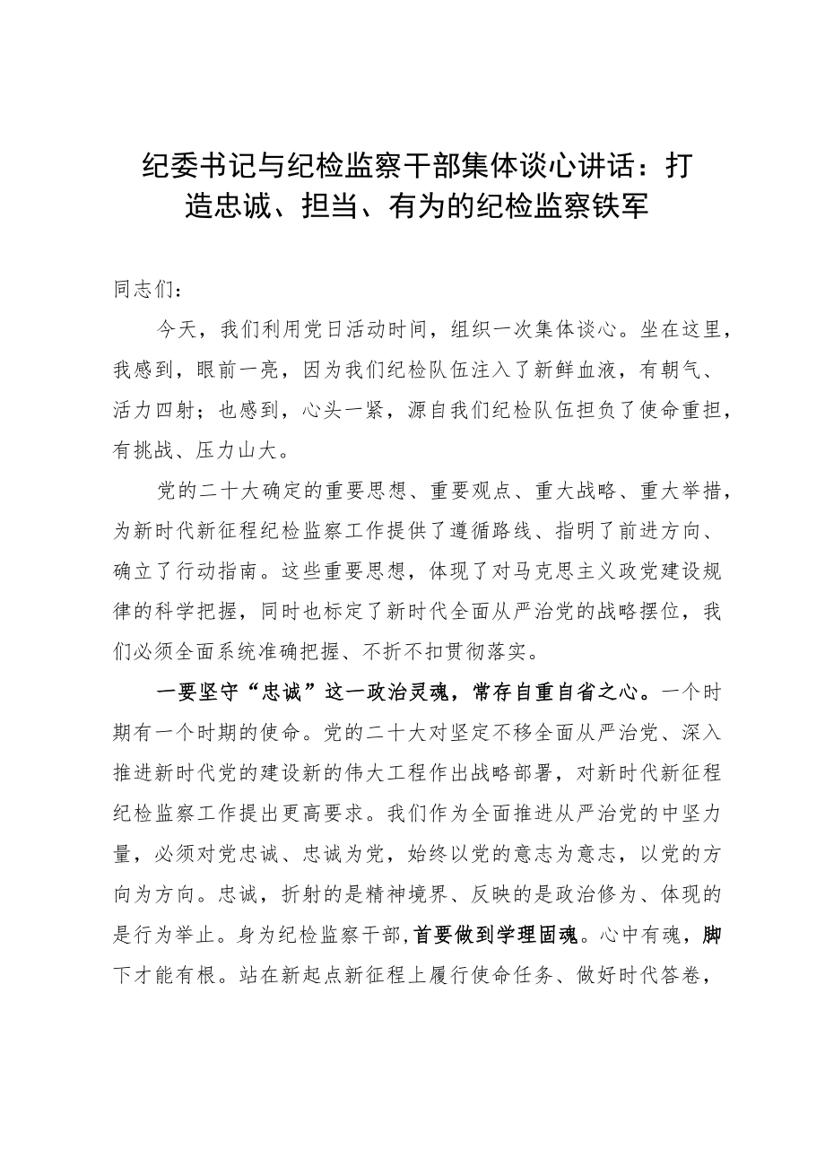 纪委书记与纪检监察干部集体谈心讲话：打造忠诚、担当、有为的纪检监察铁军.docx_第1页