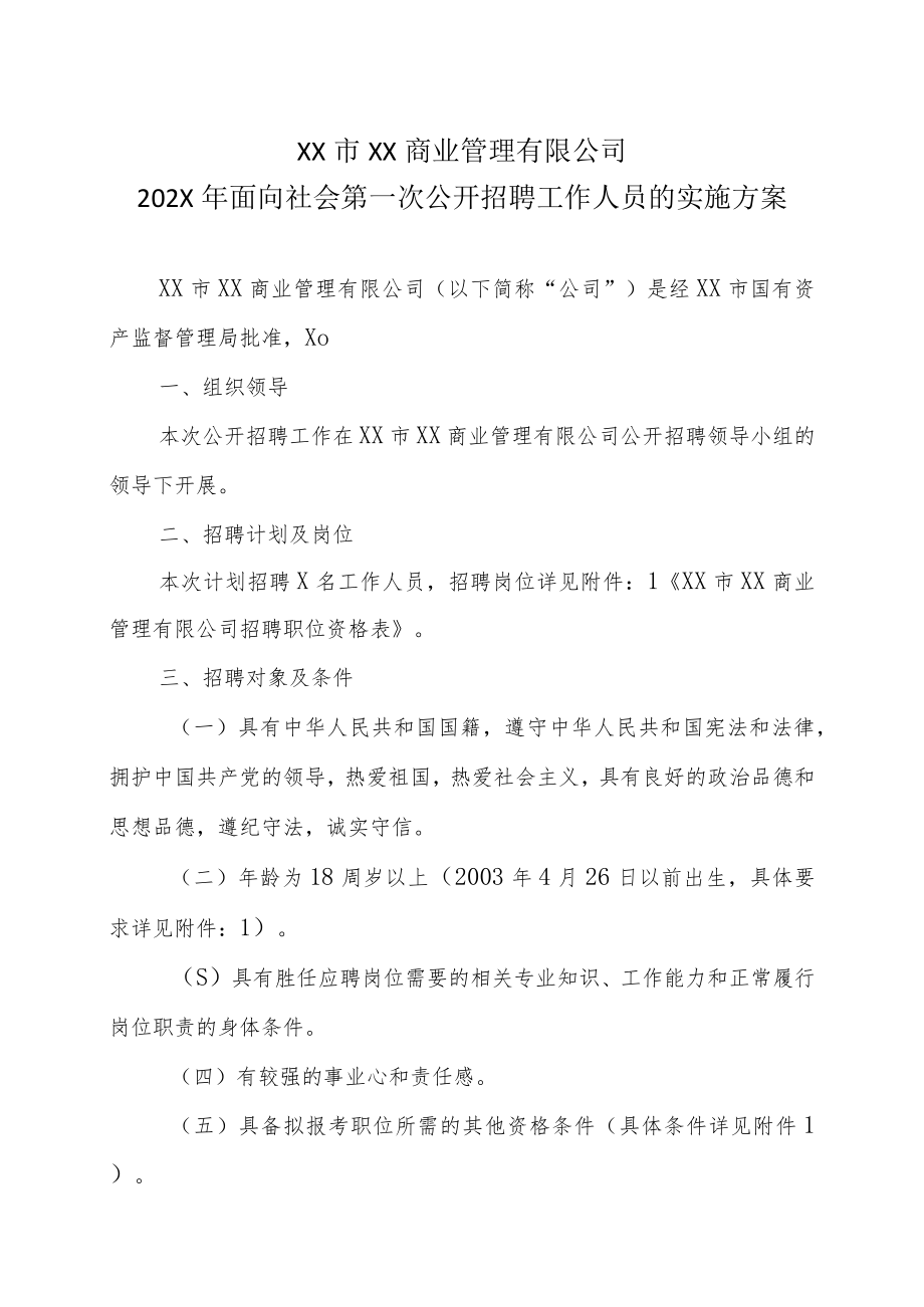 XX市XX商业管理有限公司202X年面向社会第一次公开招聘工作人员的实施方案.docx_第1页