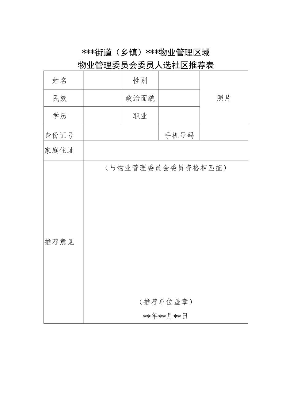 物业管理委员会委员人选社区推荐表.docx_第1页