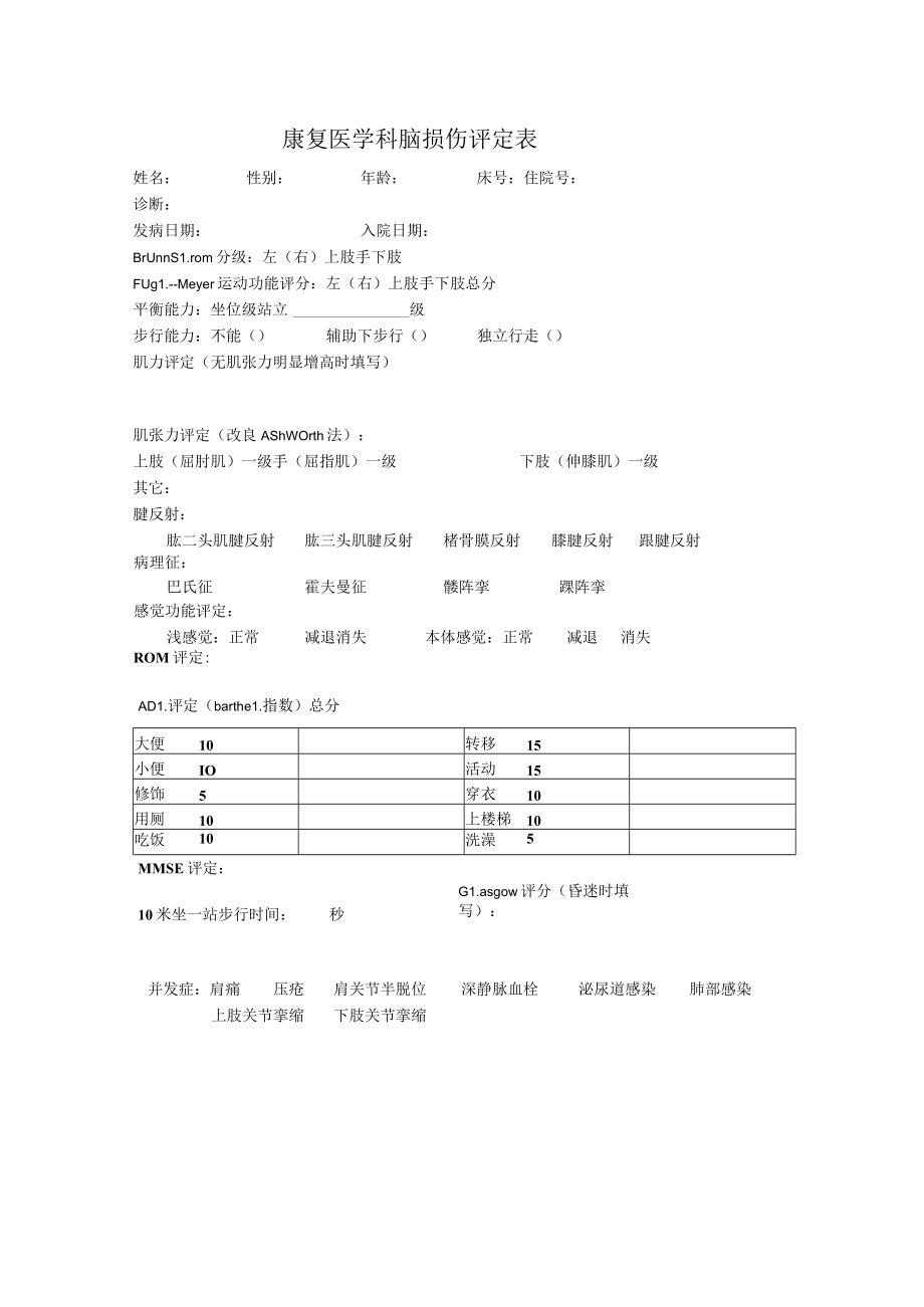 康复医学科脑损伤评定表.docx_第1页