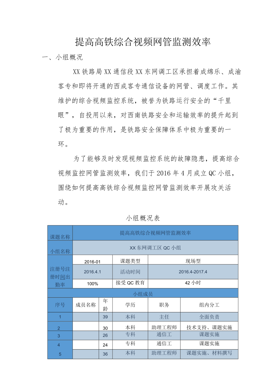 铁路通信段QC小组提高高铁综合视频网管监测效率QCC成果汇报书.docx_第1页