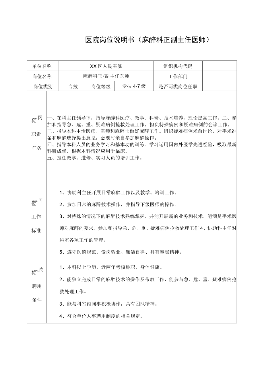 医院岗位说明书（麻醉科正副主任医师）.docx_第1页