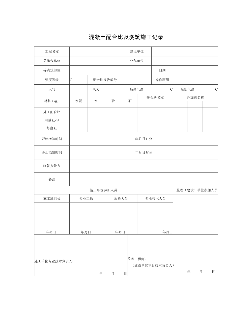 混凝土配合比及浇筑施工记录.docx_第1页