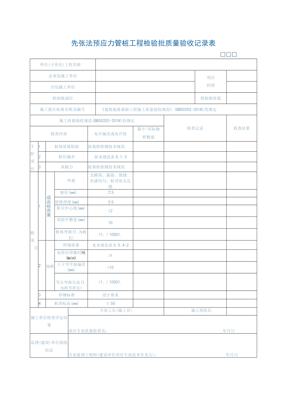 先张法预应力管桩工程检验批质量验收记录表.docx_第1页