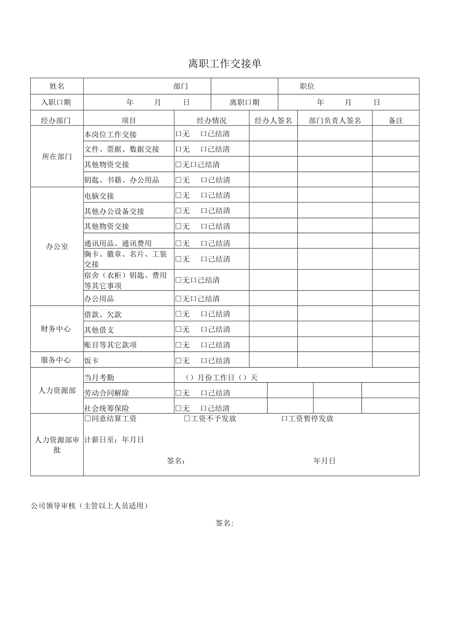 离职工作交接单.docx_第1页