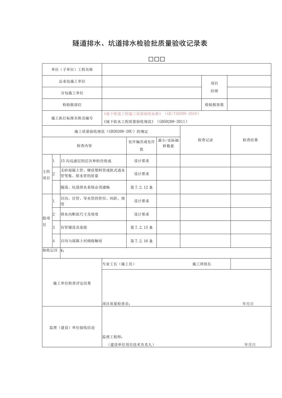 隧道排水、坑道排水检验批质量验收记录表.docx_第1页