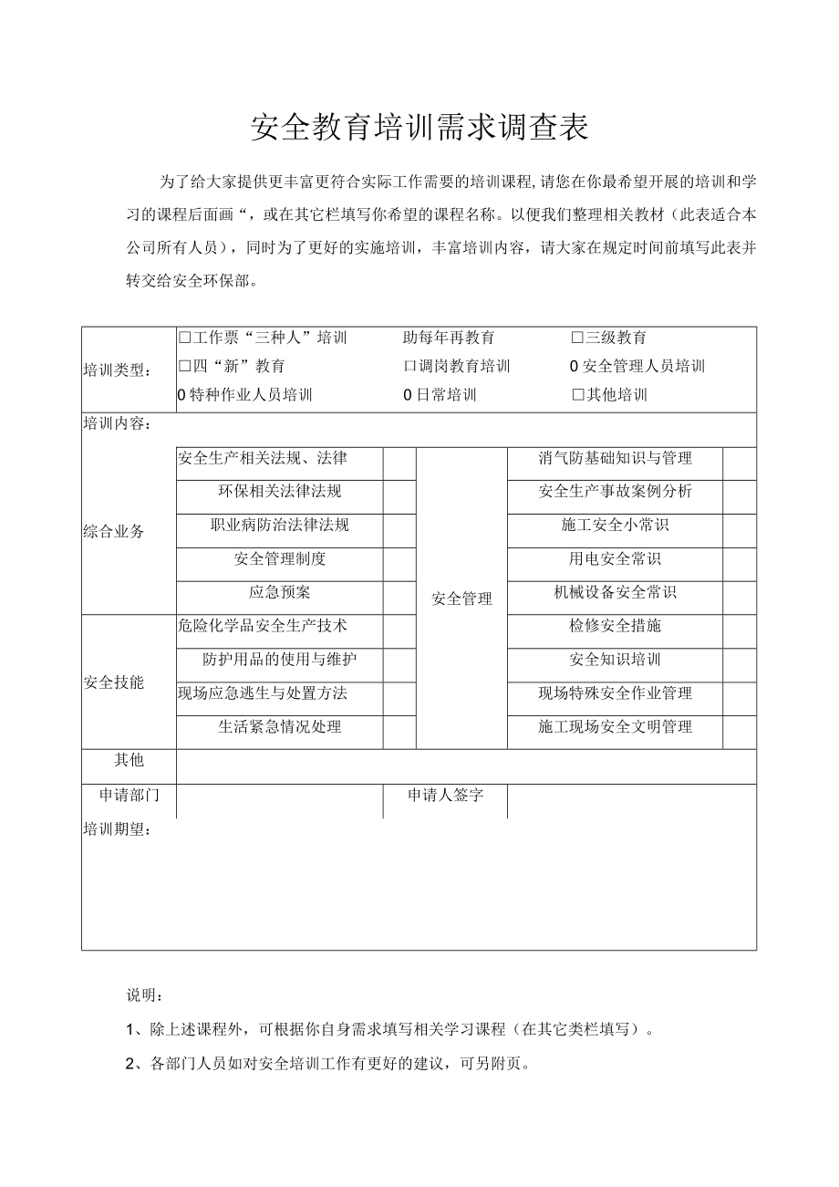 安全教育培训需求调查表.docx_第1页