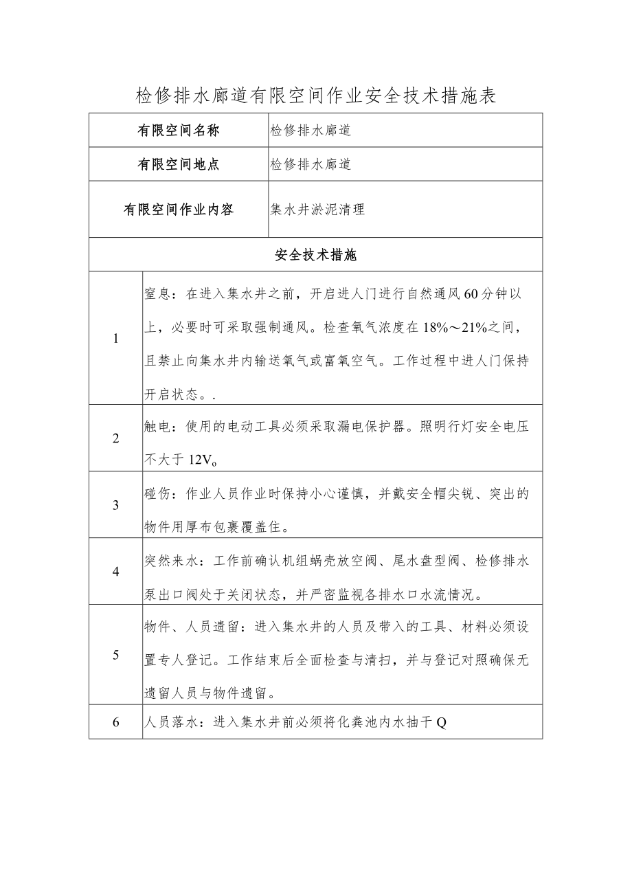 检修排水廊道有限空间作业安全技术措施表.docx_第1页