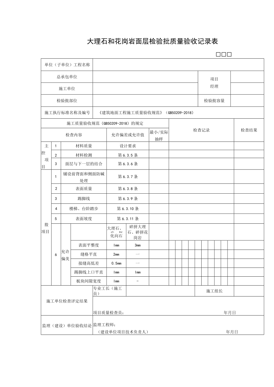 大理石和花岗岩面层检验批质量验收记录表.docx_第1页