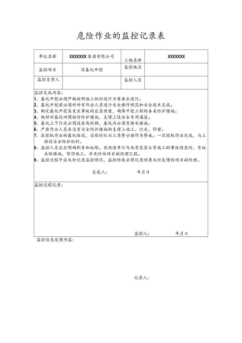 危险作业的监控记录表（深基坑开挖）.docx_第1页