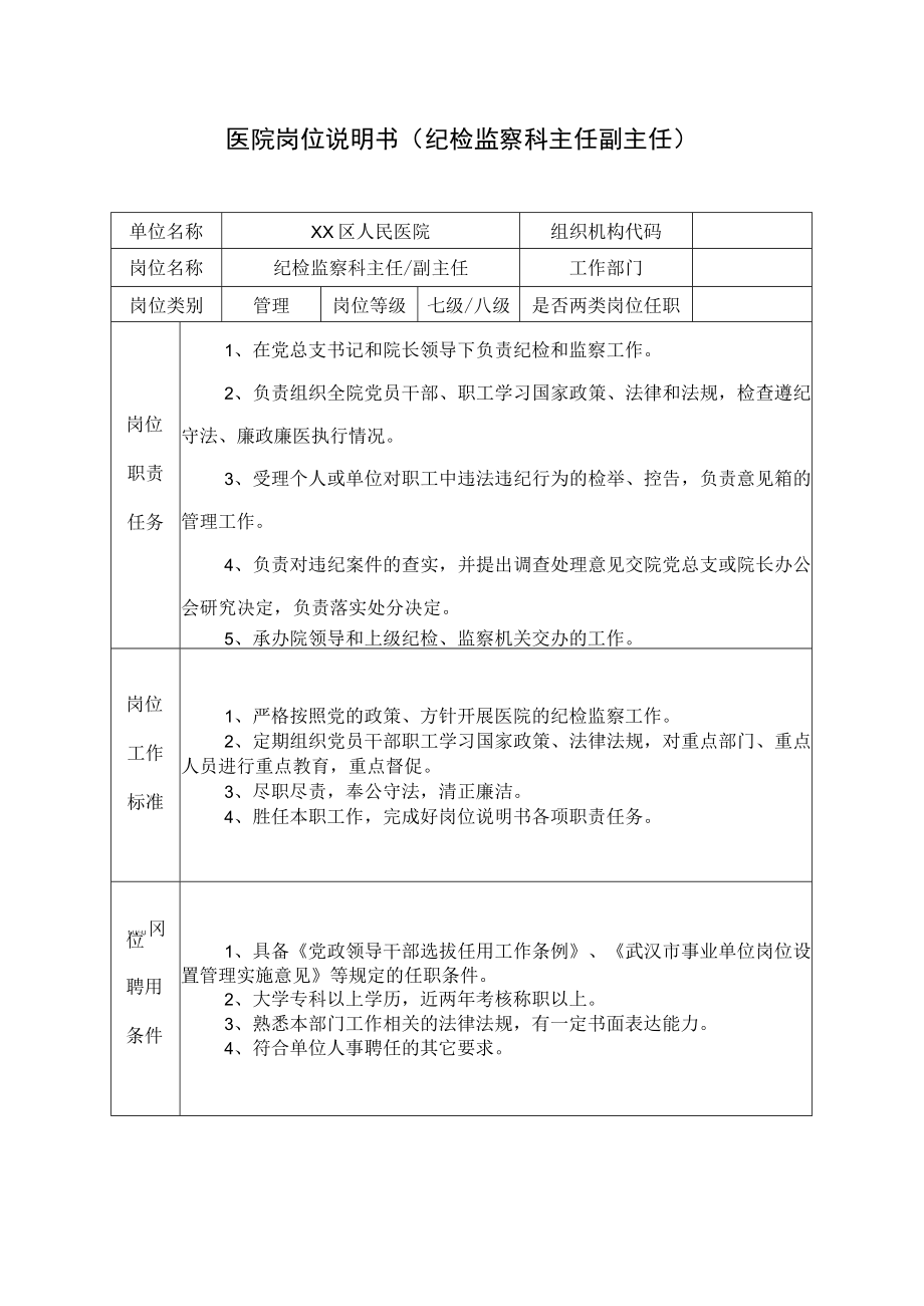 医院岗位说明书（纪检监察科主任副主任）.docx_第1页