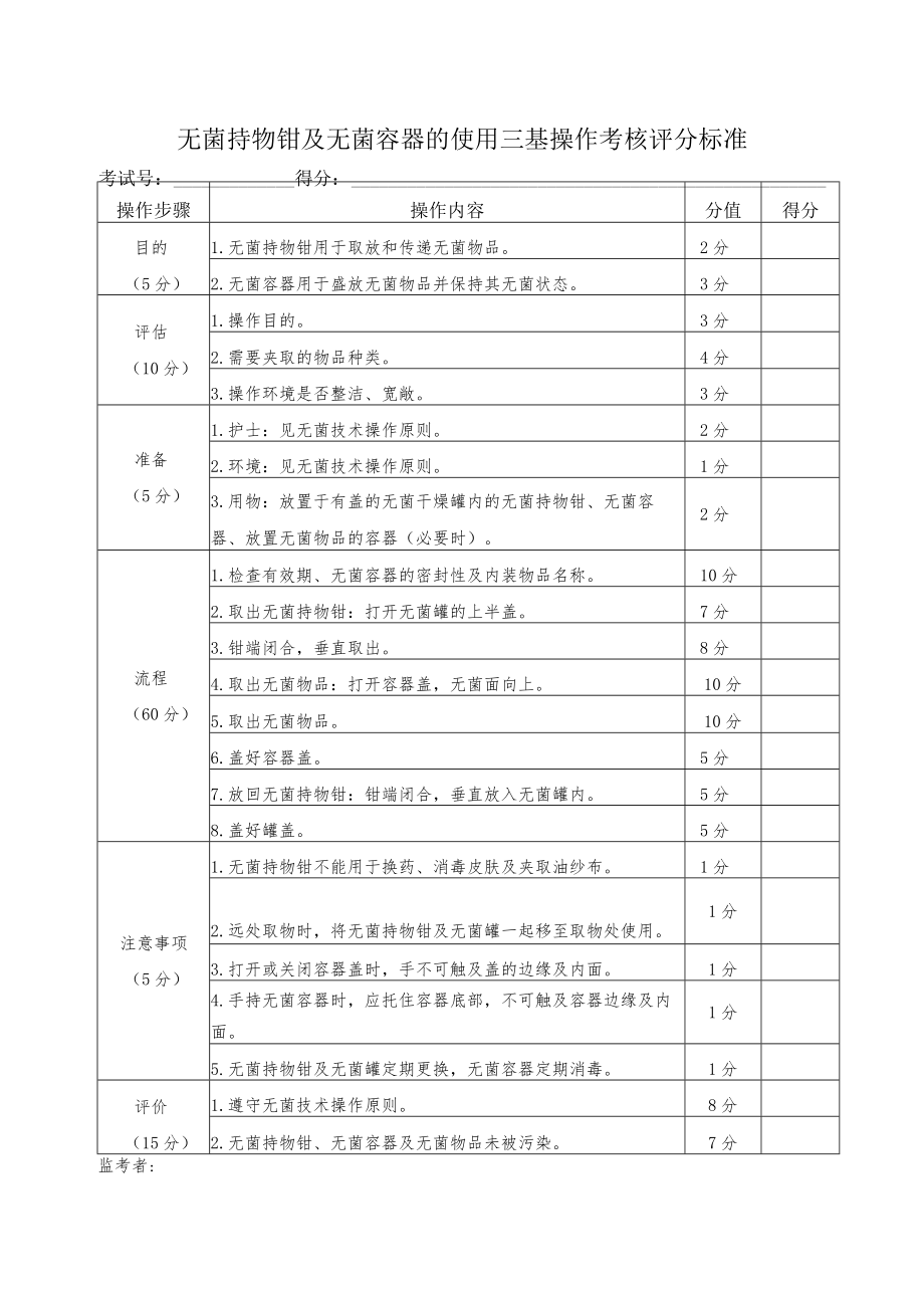 无菌持物钳及无菌容器的使用三基操作考核评分标准.docx_第1页