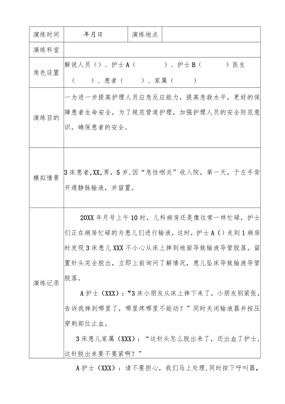 患者跌倒坠床合并导管意外脱落时的演练记录.docx_第1页