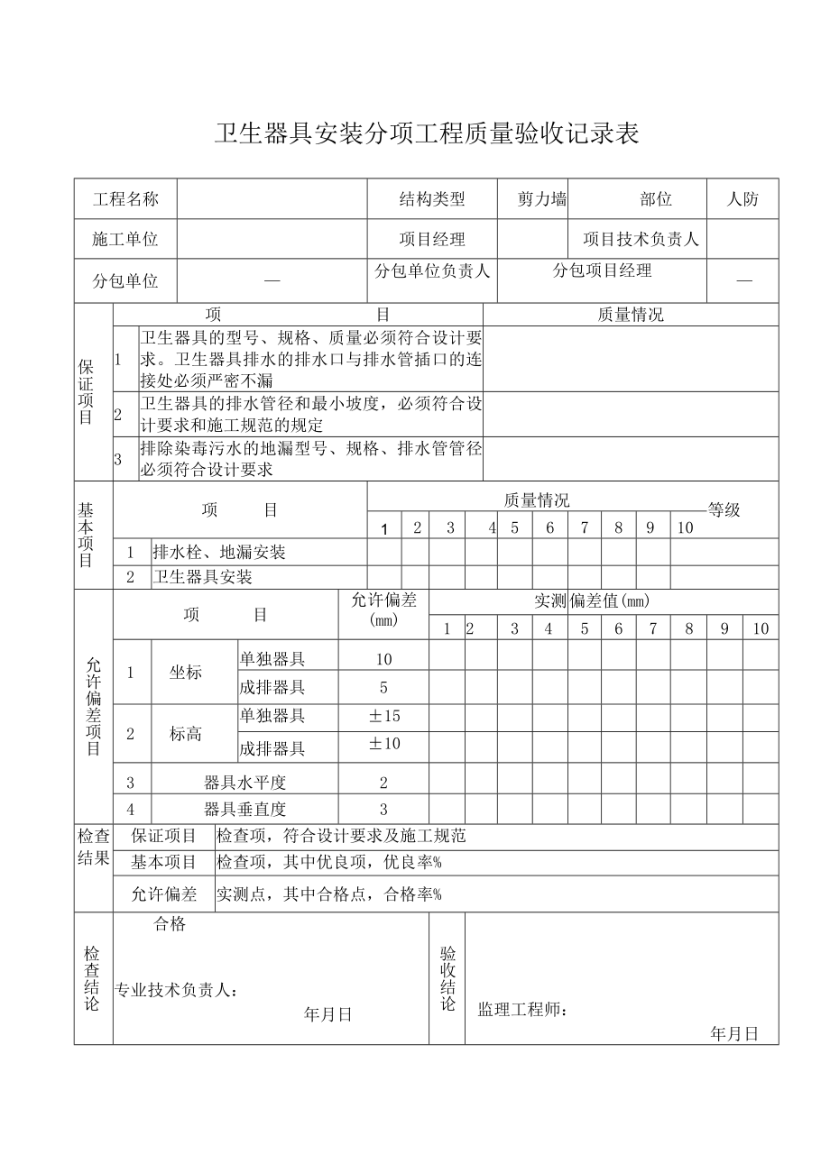 卫生器具安装分项工程质量验收记录.docx_第1页