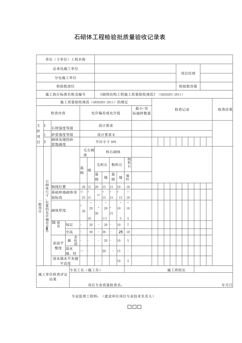 石砌体工程检验批质量验收记录表.docx_第1页