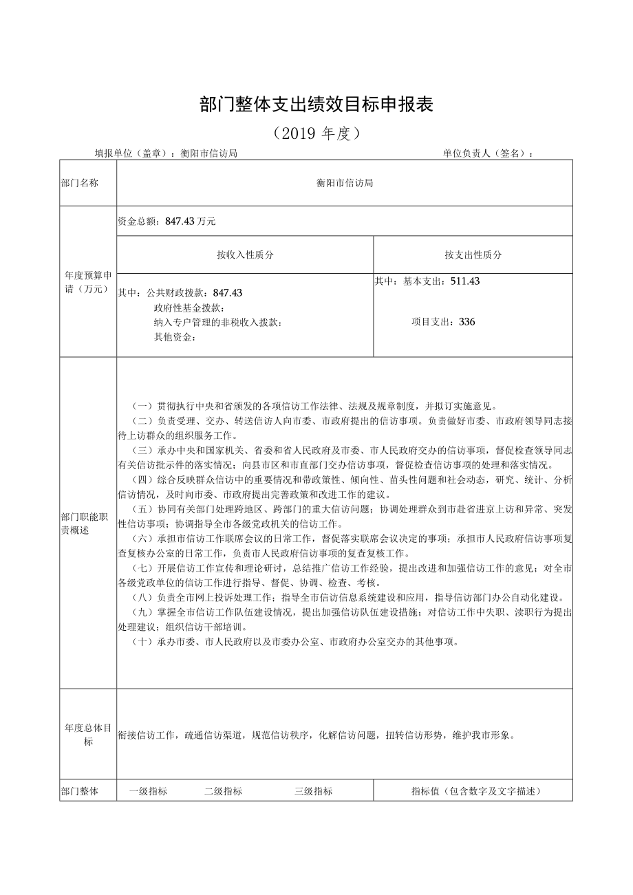 部门整体支出绩效目标申报019年度.docx_第1页