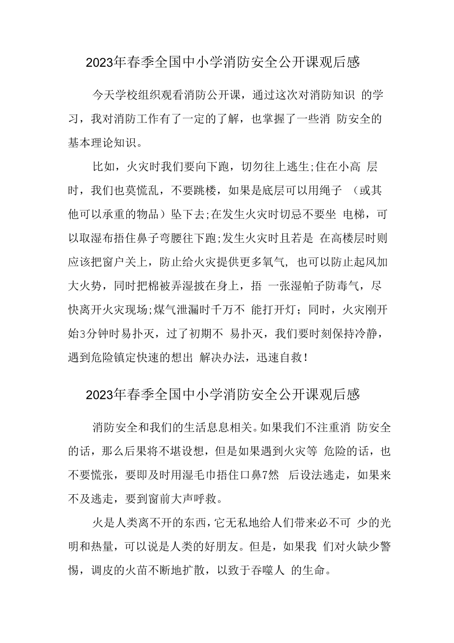 2023年公立学校开展春季全国中小学消防安全公开课观后感 范文.docx_第1页