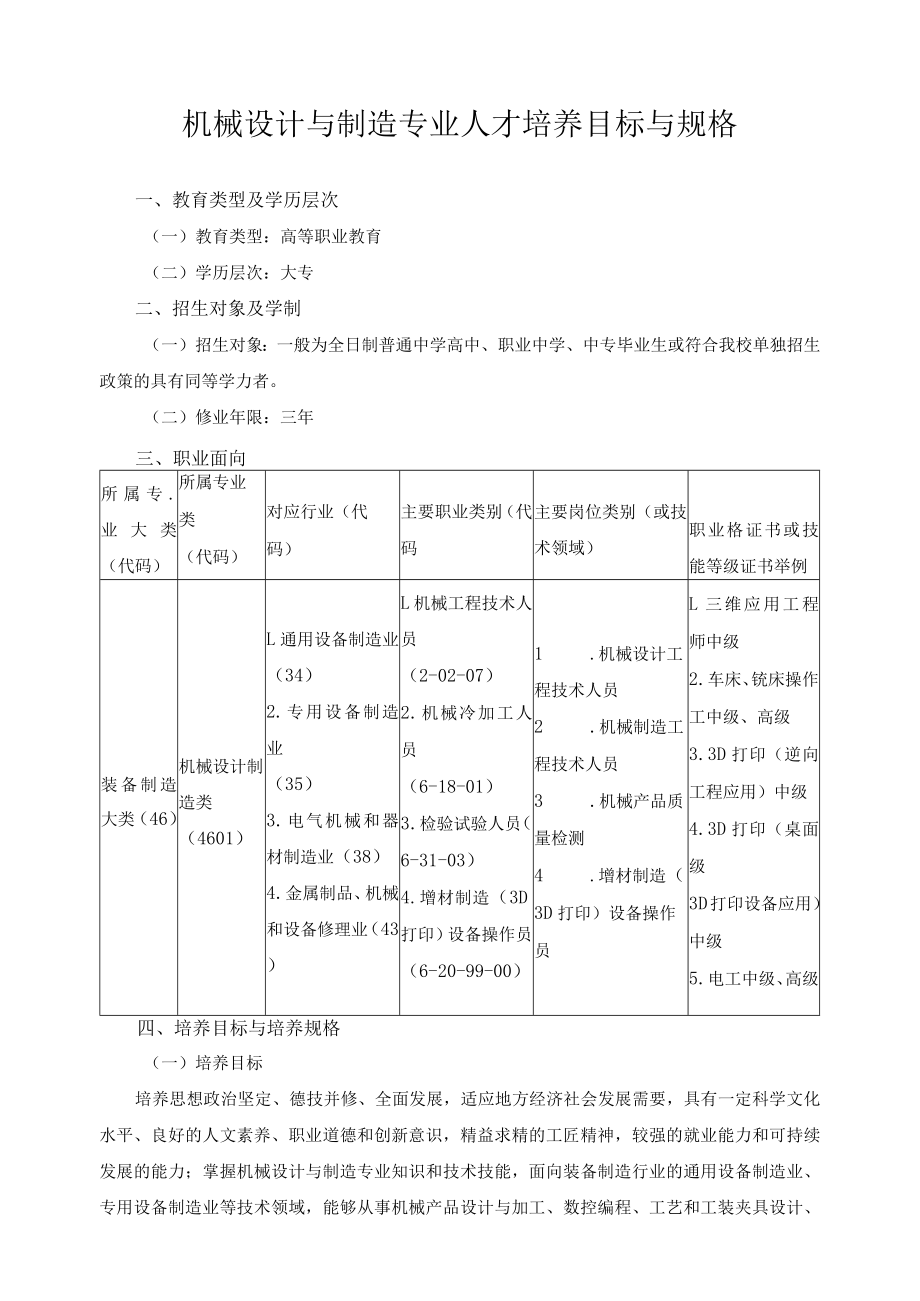 机械设计与制造专业人才培养目标与规格.docx_第1页