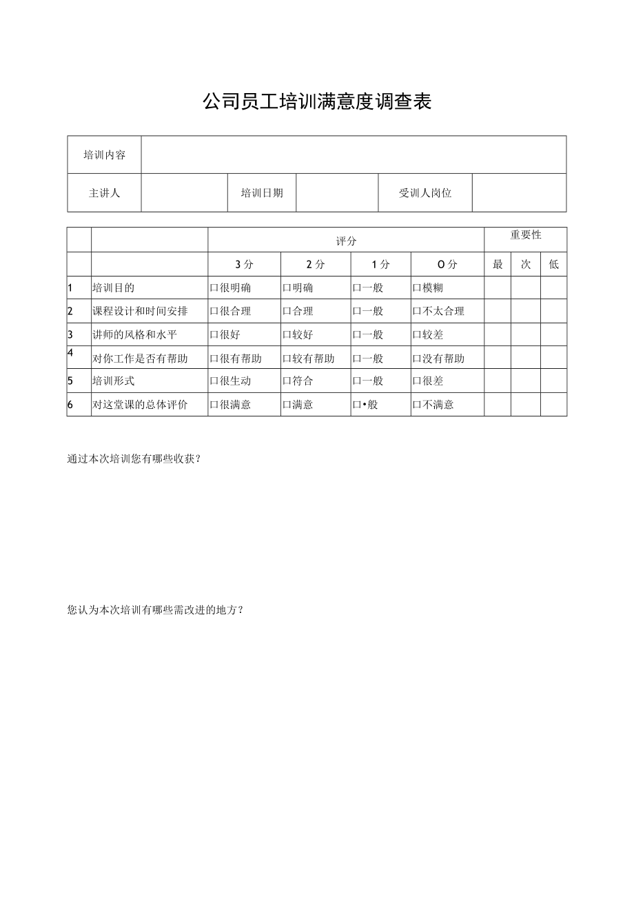 公司员工培训满意度调查表.docx_第1页