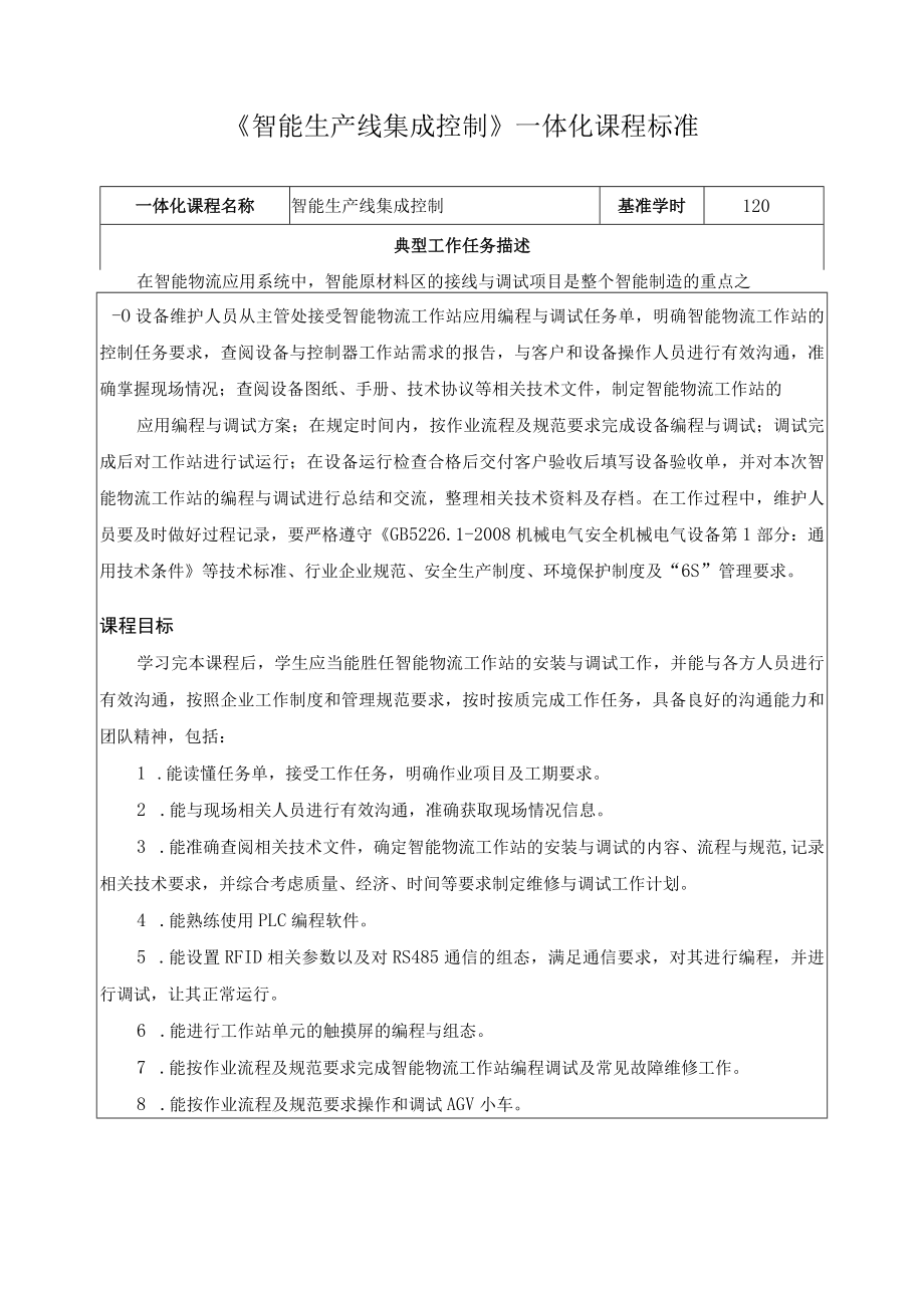 《智能生产线集成控制》一体化课程标准.docx_第1页