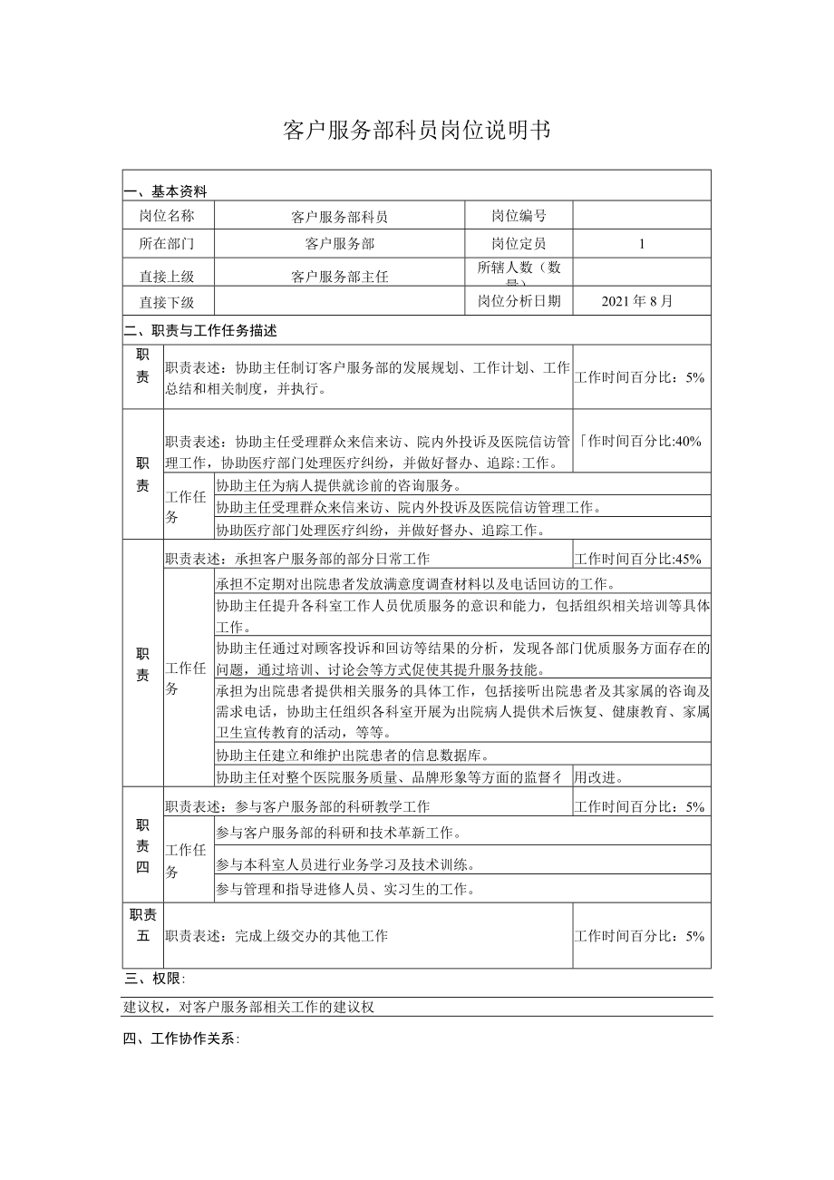 客户服务部科员岗位说明书.docx_第1页