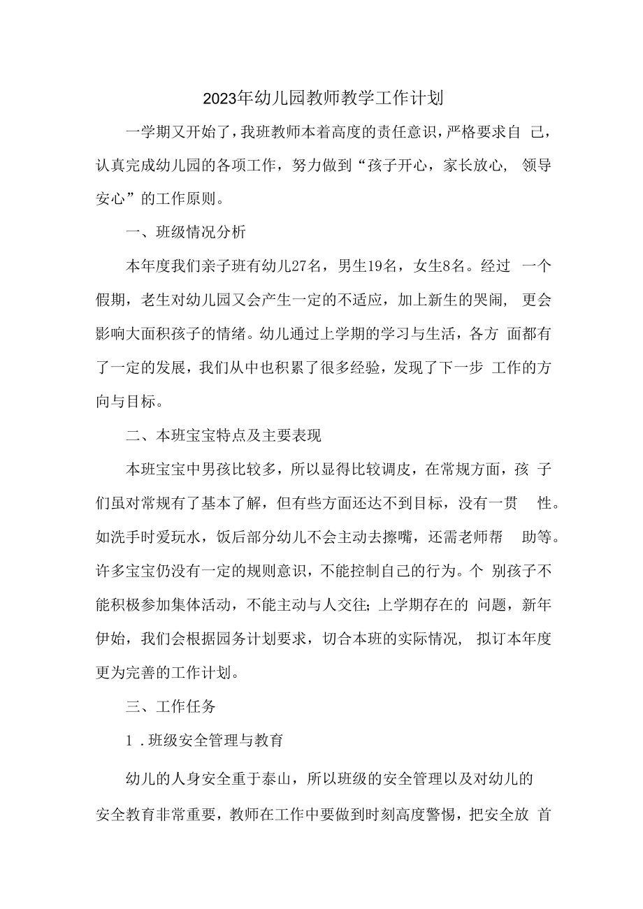 2023年乡镇私立幼儿园教师教学工作计划.docx_第1页