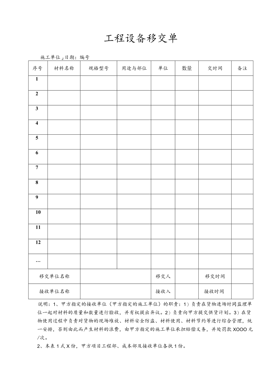 工程项目设备移交单.docx_第1页